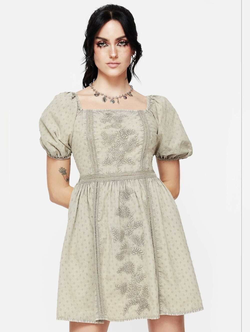 Disturbia Caustic Cotton Frill Mini Dress Size 8 (sage green)